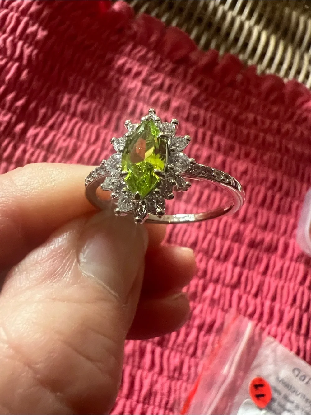 Lab created Peridot~Rhodium plating, setting- Size 10